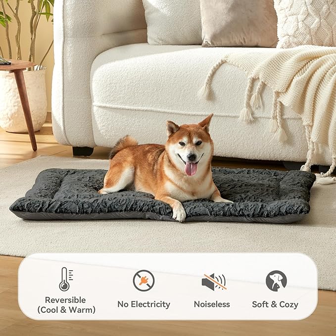 Pawzone 2 in 1 Dog Beds Mat Crate Pad & Dog Cooling Mats Washable Reversible Soft Fluffy Pet Kennel Beds for Large Medium Small Puppy Cat Sleeping Mattress Machine Wash, Grey