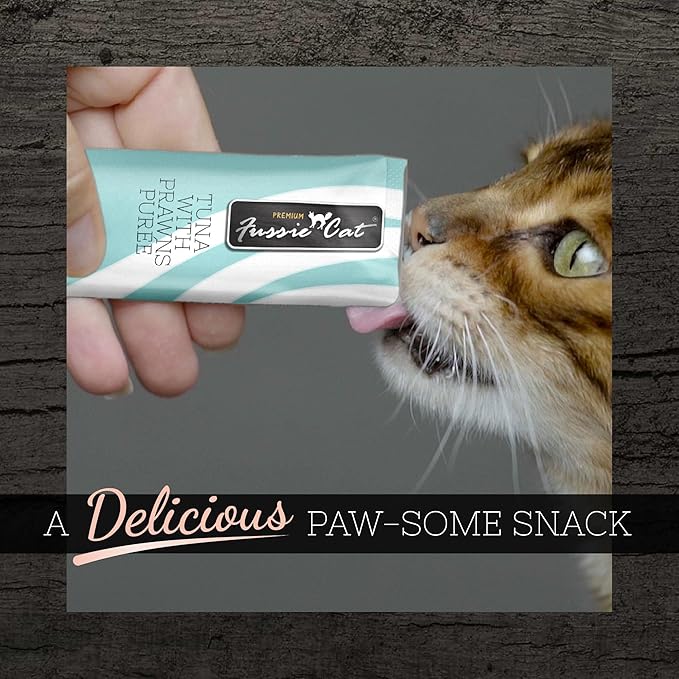 Fussie Cat Tuna with Prawns Puree, lickable cat Treats, 0.5oz Pouch Pack of 4