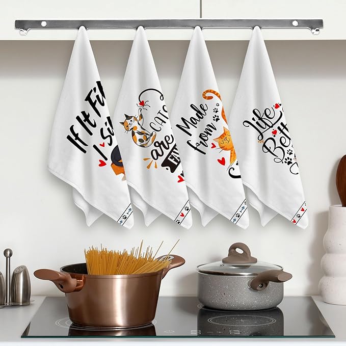 Hexagram Cat Kitchen Towels Set of 4, Funny Cat Mom Gifts for Women Lover, Cute Dish Hand Towels for Housewarming Kitchen Decor