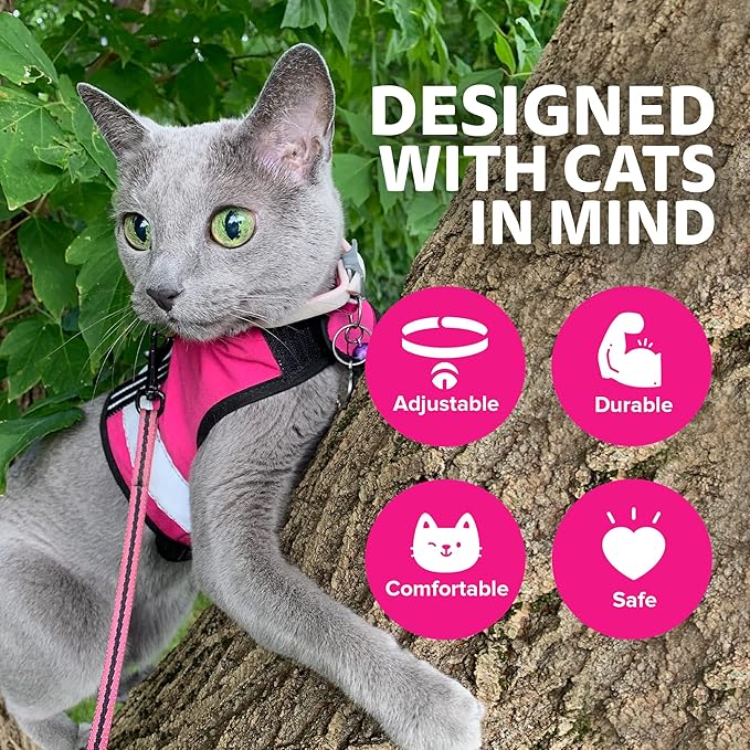Reflective Cat Harness - High-Visibility Cat Vest for Day & Night | Secure, Breathable and Washable Cotton | Ideal for Walking & Traveling - Flamingo Pink, S to M