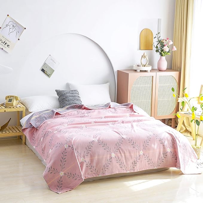 MEJU Flower Muslin Lightweight Summer Blanket for Bed Sofa Couch, 100% Combed Cotton 2 Layer Soft Warm Quick Dry Throw Blanket Bed Coverlet Sheet Flower Pink, Twin 60 in X 80 in
