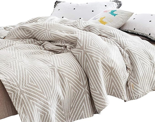 MEJU Grey Checks Striped Triange Muslin Reversible Summer Blanket for Bed Sofa Couch 100% Combed Cotton 3 Layer Soft Warm Bedspread Throw Blanket Bed Coverlet Sheet Full Queen 80 in X 90 in