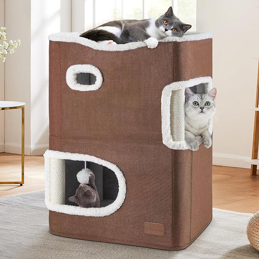YIATHOME 2-Tier Cat House, Cat Beds for Indoor Cats, Small Cat Condo with Scratch Post and Hideaway Cave, Modern Cat Cube Playhouse for Multi Kittens, Brown