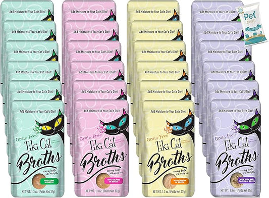 (2 Boxes) Tiki Cat Savory Broth, Grain Free Lickable Wet Food Treat, Add Moisture & Boost Flavor, 24 Pouches with 10ct pet Wipes
