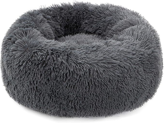 Calming Donut Dog Bed XL, Plush Round Cuddler Dog & Cat Cushion Bed, Anit-Anxiety Marshmellow Fluffy Faux Fur, Self-Warming Comfy Cozy Pet Bed (32", Deep Grey)