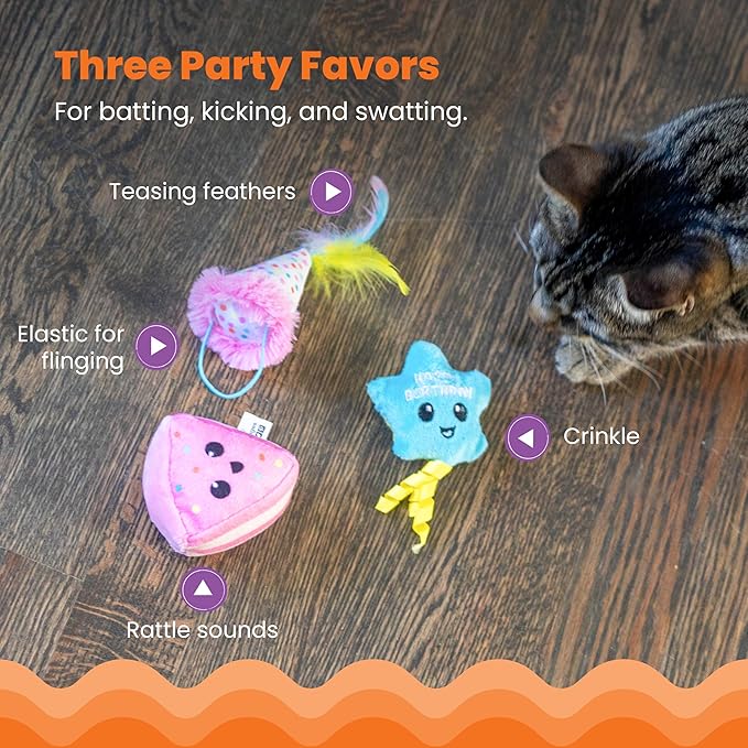 Catstages Happy Purrthday Birthday Themed Plush Catnip Blend Cat Toys, 3Pk, Multicolored