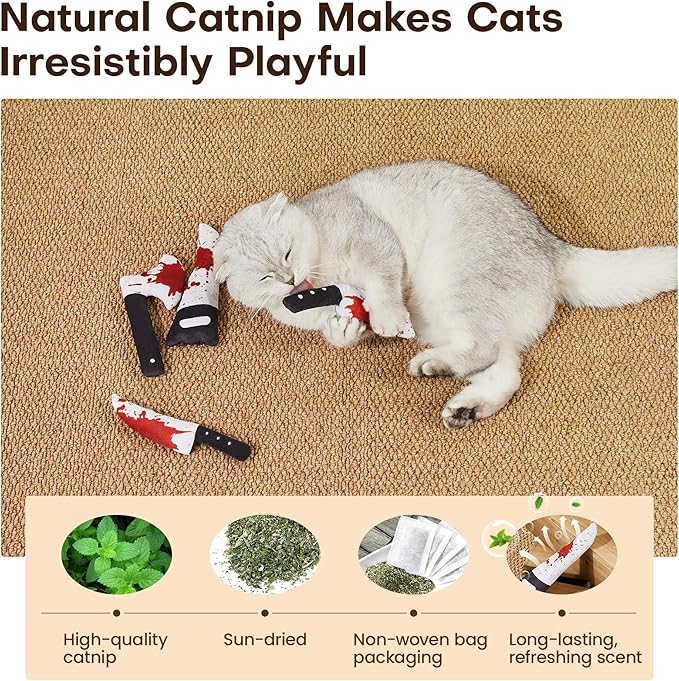 Potaroma 4Pcs Cat Toys Catnip Crinkly Sound Toy, Horror Knife-Shaped Kitten Bite Kicker Toys, Indoor Exercise 7.5 Inches for All Breeds