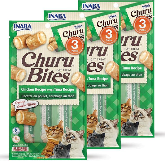 INABA Churu Bites for Cats, Soft Baked Chicken Churu Filled Cat Treats with Green Tea Extract, 0.35 Ounces Each Tube, 9 Tubes Total, Tuna Recipe