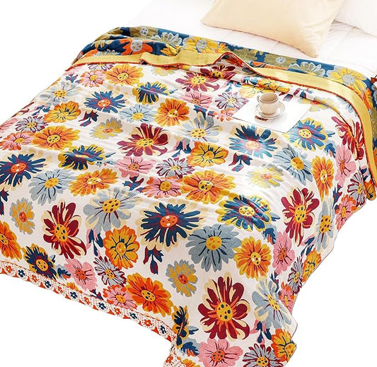 MEJU Daisy Flower Colorful All Season Boho Reversible Rustic Farmhouse Blanket for Bed Sofa Couch 100% Combed Cotton 4 Layer Soft Warm Quick Dry Throw Blanket Bed Coverlet Sheet Twin 60 in x 80 in
