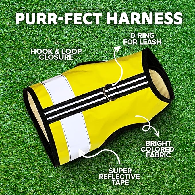 Reflective Cat Harness - High-Visibility Cat Vest for Day & Night | Secure, Breathable and Washable Cotton | Ideal for Walking & Traveling - Sunshine Yellow, M to L