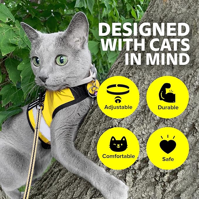 Reflective Cat Harness - High-Visibility Cat Vest for Day & Night | Secure, Breathable and Washable Cotton | Ideal for Walking & Traveling - Sunshine Yellow, M to L