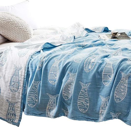 MEJU Fish Blue Muslin Lightweight Summer Blanket for Bed Sofa Couch 100% Combed Cotton 3 Layer Soft Warm Quick Dry Throw Blanket Bedspread Bed Coverlet Sheet Twin 60 in X 80 in