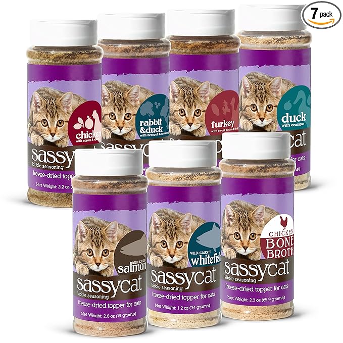 Herbsmith Sassy Cat Kibble Seasoning – Freeze Dried Rabbit & Duck – Cat Food Topper for Picky Eaters - [Bundle Salmon, Whitefish, Chicken Bone Broth, Chicken, Duck, Rabbit, and Turkey]