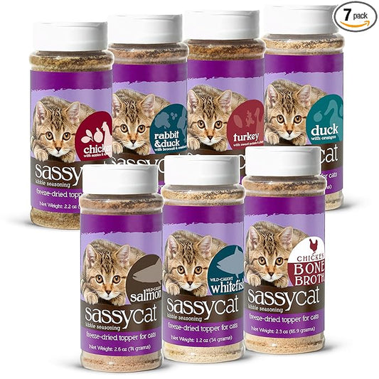 Herbsmith Sassy Cat Kibble Seasoning – Freeze Dried Rabbit & Duck – Cat Food Topper for Picky Eaters - [Bundle Salmon, Whitefish, Chicken Bone Broth, Chicken, Duck, Rabbit, and Turkey]