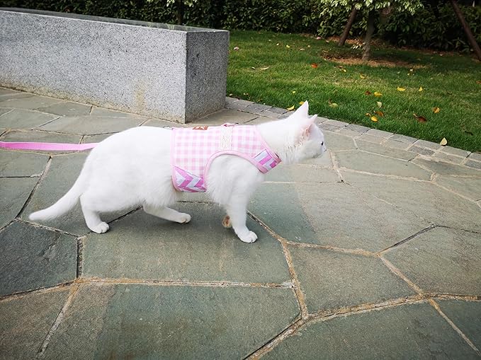 Cat Harness and Leash for Walking Escape Proof, Adjustable Cat Vest Harness, Padded Stylish Cat Walking Jackets, Pink Plaid, Small