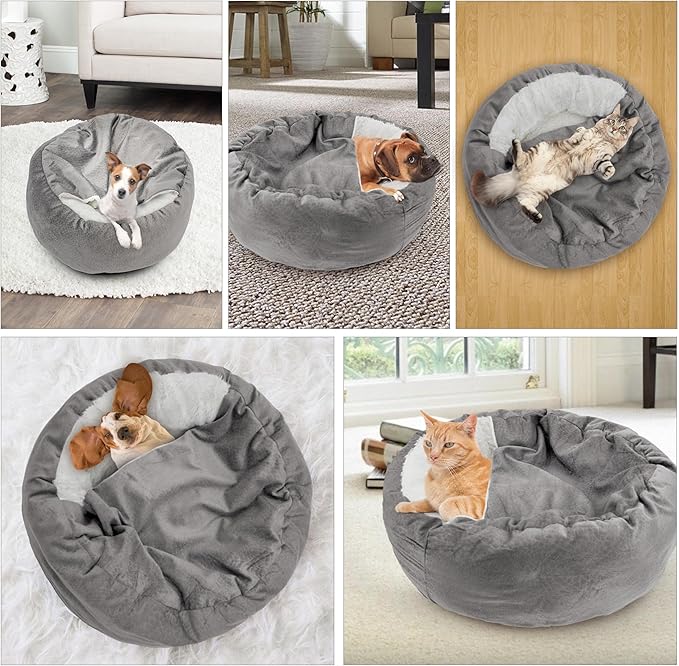 Dog Bed Warm with Hooded Blanket, Anti-Anxiety Puppy Pet Bed Cave Super Soft, Non-Slip Bottom, Machine Washable, Cozy Donut Indoor Pet Beds Fluffy for Dogs and Cats, Fits up to 22 lbs, 19.7 inch Grey