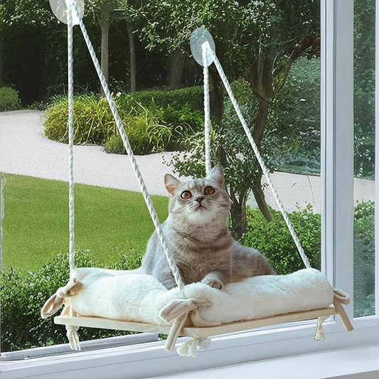Cat Window Perch, Cat Window Hammock with Cushion Bed, Solid Wood Seat & Strong Suction Cups, Safety Cat Bed Window, Easy to Install Cat Indoor Furniture for Large Cats and Kittens