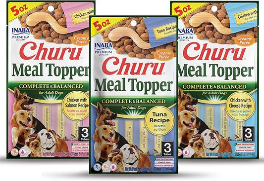 INABA Churu Meal Topper for Dogs, Complete & Balanced, Creamy, Lickable Purée Dog Food Toppers, 1.69 Ounce Tube, 9 Tubes (3 per Pack), 3 Flavor Variety Pack