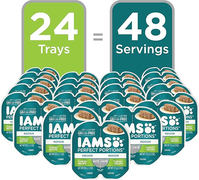 IAMS Perfect Portions Indoor Adult Grain Free Wet Cat Food Paté, Turkey Recipe, 2.6 oz. Easy Peel Twin-Pack Trays (24 Count, 48 Servings)