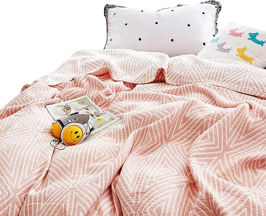 MEJU Red Striped Checks Muslin Reversible Summer Blanket for Bed Sofa Couch 100% Combed Cotton 3 Layer Soft Warm Quick Dry Throw Blanket Bedspread Bed Coverlet Sheet Full Queen 80 in x 90 in