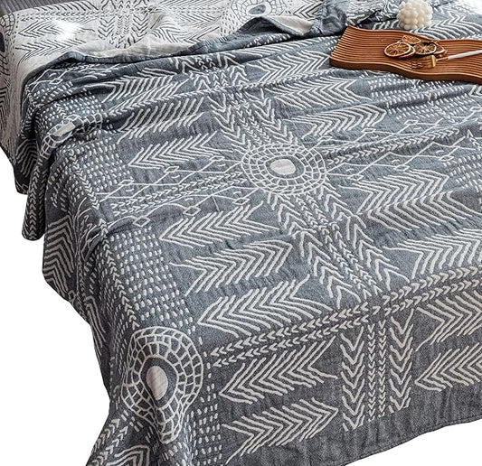 MEJU Indian Boho Muslin Lightweight Summer Blanket for Bed Sofa Couch, 100% Combed Cotton 3 Layer Soft Warm Quick Dry Throw Blanket Bed Coverlet Sheet (Boho, Twin 60 in X 80 in