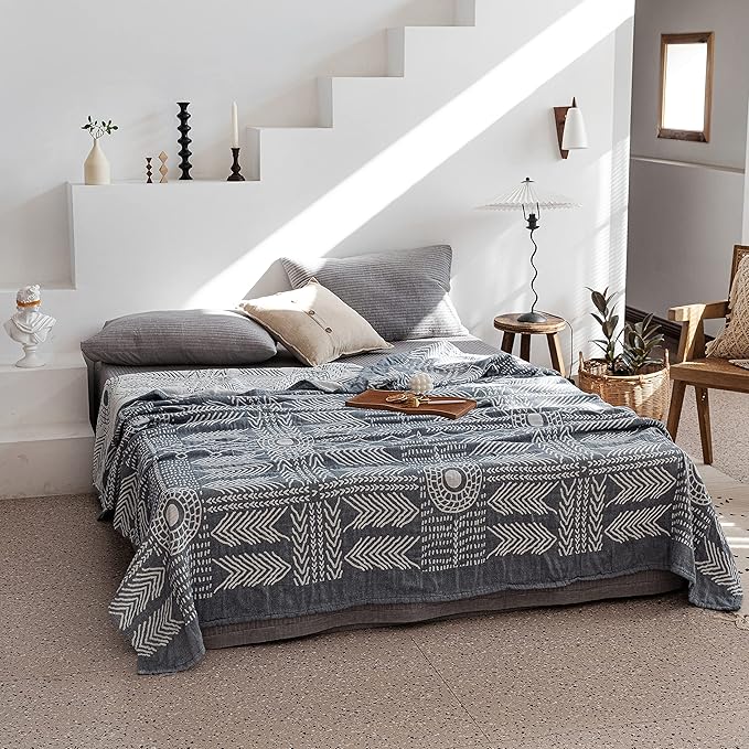 MEJU Indian Boho Muslin Lightweight Summer Blanket for Bed Sofa Couch, 100% Combed Cotton 3 Layer Soft Warm Quick Dry Throw Blanket Bed Coverlet Sheet (Boho, Twin 60 in X 80 in