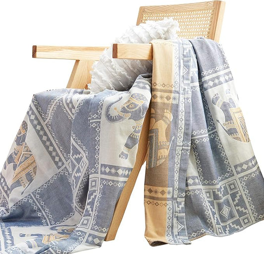 MEJU Elephant Check Geometric Muslin Lightweight Summer Blanket for Bed Sofa Couch, 100% Combed Cotton 2 Layer Soft Warm Quick Dry Throw Blanket Bed Coverlet Sheet Blue F/Q 80 in X 90 in