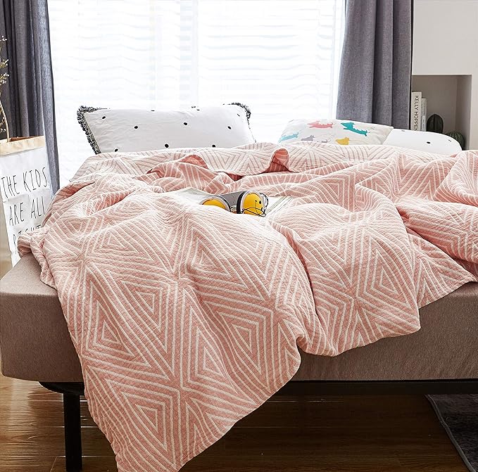MEJU Red Striped Checks Muslin Reversible Summer Blanket for Bed Sofa Couch 100% Combed Cotton 3 Layer Soft Warm Quick Dry Throw Blanket Bedspread Bed Coverlet Sheet Full Queen 80 in x 90 in